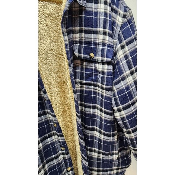 Wrangler Mens Blue Plaid Button-Up Sherpa-Lined Flannel Jacket/ Shacket - Picture 7 of 12